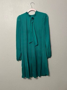 DKNY Teal Pleated Long-Sleeve Tie-Neck Dress